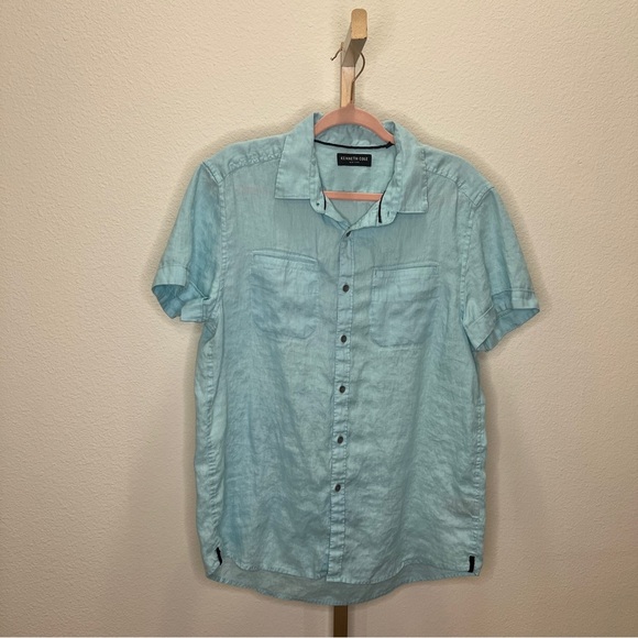 Kenneth Cole Men's Linen Short Sleeve Button Down Shirt Aqua Size Large - Picture 1 of 7